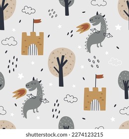 vector seamless boho pattern with cute dragons and castles on light blue background, adorable textile design for children