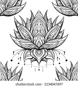 Vector seamless boho pattern with lotus with ornate decorations. Monochrome fabric swatch with water flower and tribal ornament. Sacred wallpaper for spa and yoga. Background with contour lily  