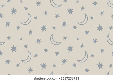 Vector seamless boho pattern of moon and stars. Baby pateern of of moon and stars in retro style.