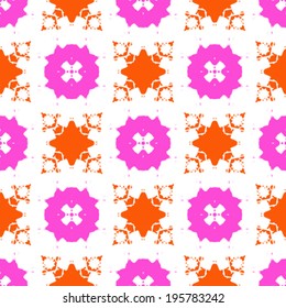 Vector seamless bold hand painted pattern with bold ornamental ethnic motifs in bright variety of colors like pink, orange and white
