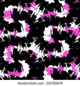 Vector seamless bold hand painted pattern with wide brush strokes and stripes waving and swirling in black, white and bright pink colors