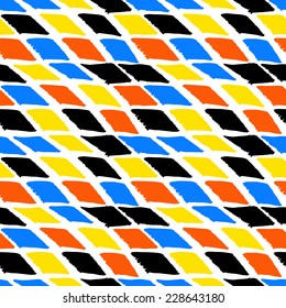 Vector seamless bold harlequin pattern colorful hand painted diamond shapes in bright multiple colors black, white, tomato red, yellow, indigo blue for fall winter retro fashion