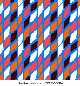 Vector seamless bold harlequin pattern colorful hand painted diamond shapes in bright multiple colors blue, dark brown, red, orange, white for fall winter retro fashion