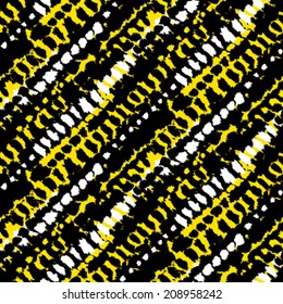 Vector seamless bold pattern with short grunge brushstrokes and thin diagonal stripes hand painted in bright colors - black, yellow, white