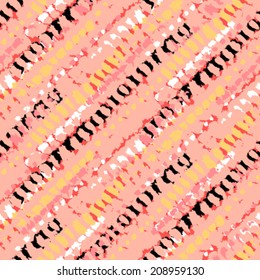 Vector seamless bold pattern with short grunge brushstrokes and thin diagonal stripes hand painted in multiple soft organic colors - black, white, yellow, pink
