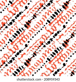 Vector seamless bold pattern with short grunge brushstrokes and thin crossing stripes hand painted in bright colors - black, white, orange