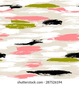 Vector seamless bold pattern with thick brushstrokes and thin stripes hand painted in bright coral red and olive green colors. Dynamic striped print texture for spring summer fashion and sportswear