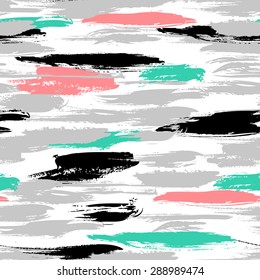 Vector seamless bold pattern with thick brushstrokes and thin stripes hand painted in bright coral red and turquoise colors. Dynamic striped print texture for spring summer fashion and sportswear