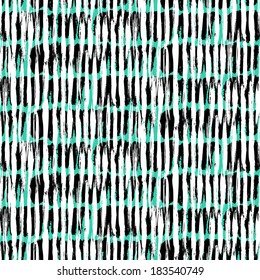 Vector Seamless Bold Pattern With Wide Brushstrokes And Thin Stripes Hand Painted In Bright Colors: Aqua Blue, Black And White