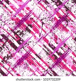 Vector seamless bold plaid pattern with wild crossing brushstrokes and thin stripes hand drawn in variety of romantic pink colors for retro fashion on watercolor background with paint splatters