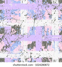 Vector seamless bold plaid pattern with big brushstrokes and thin stripes hand drawn in bright multiple variety of baby pink colors for retro fashion on watercolor background with paint splatters
