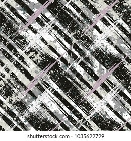 Vector seamless bold plaid pattern with wild crossing brushstrokes and thin stripes hand drawn in black and white for retro fashion on watercolor background with paint splatters for fabric and textile