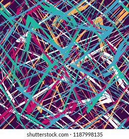 Vector seamless bold plaid pattern with thin brushstrokes and thin stripes hand painted. Dynamic striped print texture for fall winter retro fashion and sportswear