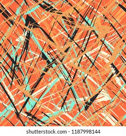 Vector seamless bold plaid pattern with thin brushstrokes and thin stripes hand painted. Dynamic striped print texture for fall winter retro fashion and sportswear