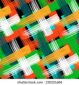 Vector seamless bold plaid pattern with wide brushstrokes and thin stripes hand painted in bright multiple variety of colors green, jade, red, orange, turquoise for fall winter retro fashion