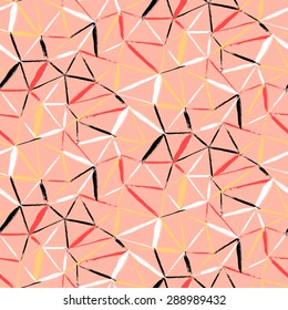 Vector seamless bold plaid pattern with thin diagonal brushstrokes, thin stripes and triangles hand painted in soft coral red colors. Dynamic print texture for fall winter retro fashion and sportswear
