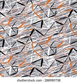 Vector seamless bold plaid pattern with thin diagonal brushstrokes, thin stripes and triangles hand painted in grey and orange color. Dynamic print texture for fall winter retro fashion and sportswear