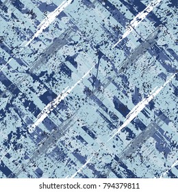 Vector seamless bold plaid pattern with wild crossing brushstrokes and thin stripes hand drawn in variety of nautical blue colors for retro fashion on watercolor background with paint splatters