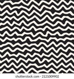 Vector seamless bold wavy lines retro pattern. Repeating geometric hand drawn op-art stripes texture. Stylish monochrome background design.