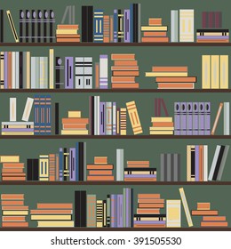 Vector seamless bookshelf pattern, random books on shelves, green background. Design for websites, textile, fabric, brochures, booklets, invitation cards, flyers