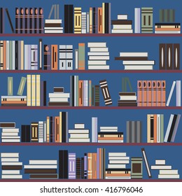 Vector seamless bookshelf pattern, random books on shelves, beige background. Design for websites, textile, fabric, brochures, booklets, invitation cards, flyers