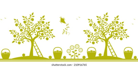 vector seamless border with apple trees, baskets of apples and flowers isolated on white background