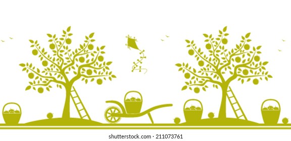 vector seamless border with apple trees, hand barrows and baskets of apples isolated on white background