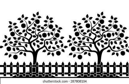 vector seamless border with apple trees behind picket fence isolated on white background