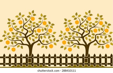 vector seamless border with apple trees behind picket fence