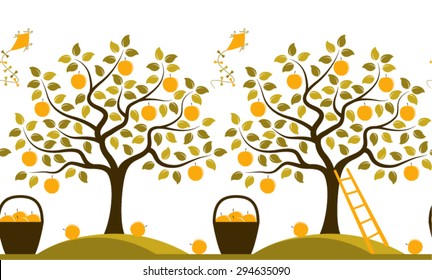 vector seamless border with apple trees and baskets of apples isolated on white background