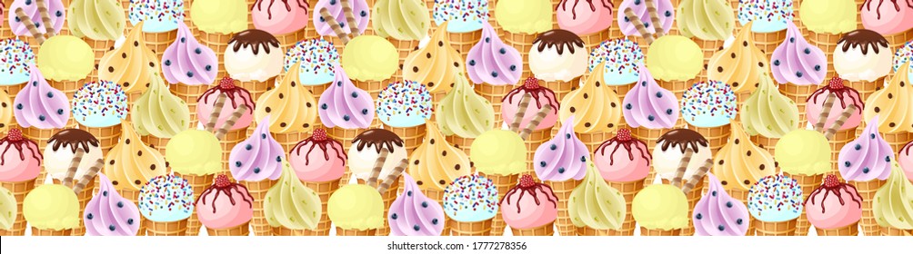 Vector seamless border background with hand drawn ice creams with different flavors and decoration. 