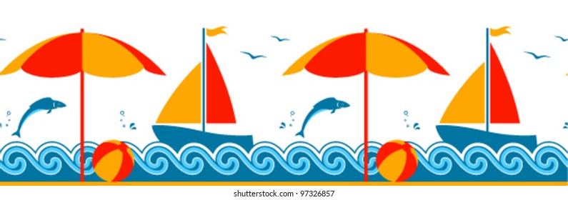 vector seamless border with beach umbrella and sailboat floating on the sea