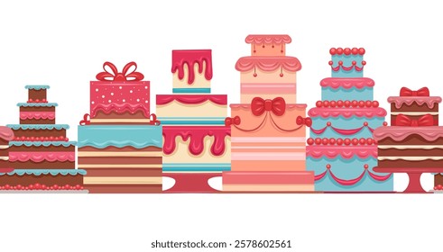 Vector seamless border with birthday cakes isolated from background. Festive horizontal frieze with treats. Frame with Wedding cakes for invitations