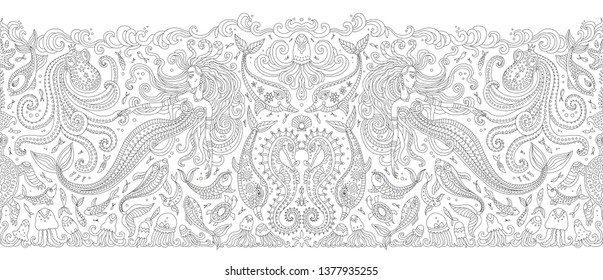 Vector seamless Border black and white pattern. Fantasy mermaid, octopus, fish, sea animal contour thin line drawing. Adults coloring book page, embroidery, wallpaper, textile print, wrapping paper