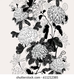 Vector seamless border with blooming chrysanthemum flowers in chinese style, monochrome ink drawing asian illustration on white background.