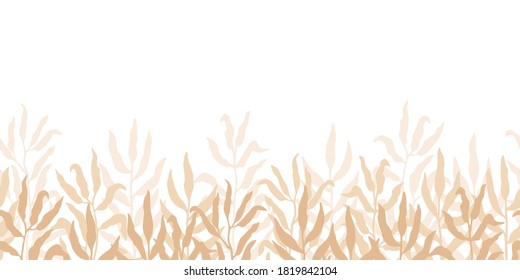 Vector seamless border from branches silhouettes. Cute light botanical design, isolated on white background