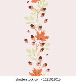Vector seamless border of bright autumn leaves and twigs with acorns on a light background. Natural seasonal illustration drawn by hand.