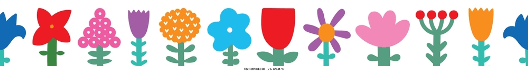 Vector seamless border with bright spring flowers. Cute illustration.