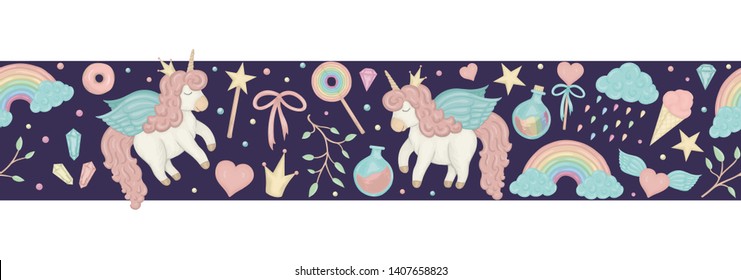 Vector seamless border brush with cute watercolor style unicorns, rainbow, clouds, donuts, crown, crystals, hearts on dark purple background. Sweet girlish illustration. Fairytale repeat background