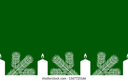 vector seamless border with candles and spruce twigs on green background