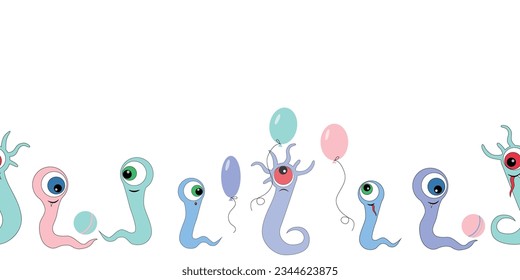 Vector seamless border of cartoon monsters and balls on white background.