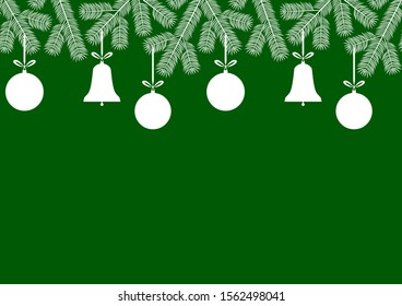 vector seamless border with christmas balls, bells and spruce twigs on green background