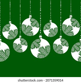 vector seamless border with christmas balls with spruce twigs decor isolated on green background