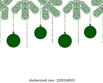 vector seamless border with christmas balls and spruce twigs on white background