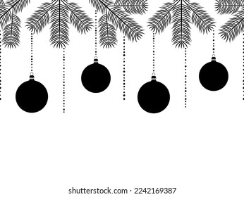 vector seamless border with christmas balls and spruce twigs on white background