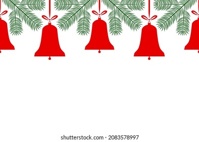 borde vectorial sin fisuras con campanas de navidad y ramas de abeto sobre fondo blanco