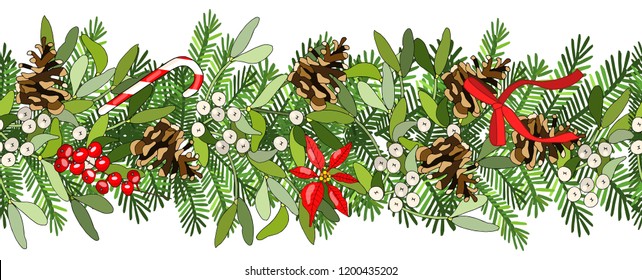 Vector seamless border with christmas elements isolated on white. Hand drawn Illustration of festive decoration, announcements, cards, invitations, posters.