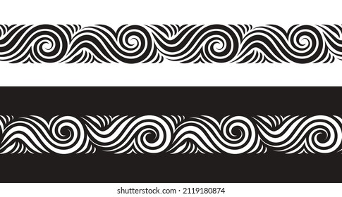 Borde sin fisuras vectorial, borde clásico de sus rizos y floridos, olas, rizos. Amplio corte sin costuras hecho de líneas suaves. Ornamento de apertura escalable. Un esténcil o un tatuaje.