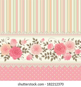 Vector seamless border with climbing roses. Floral striped polka dot background. Vintage ornamental card.