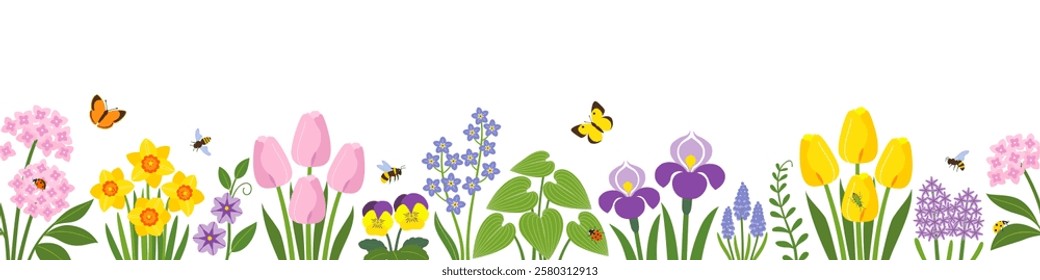 Vector seamless border of colorful spring garden flowers with insect pollinators on white background.